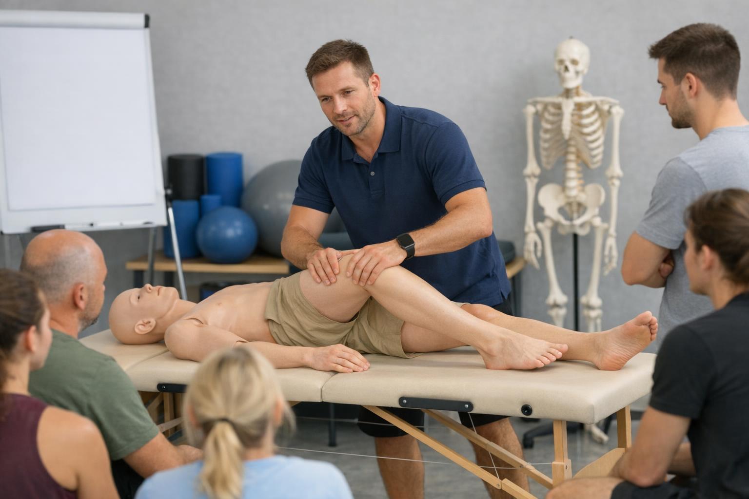 fizjoterapeuta prowadzący szkolenie praktyczne na manekinie - sala warsztatowa