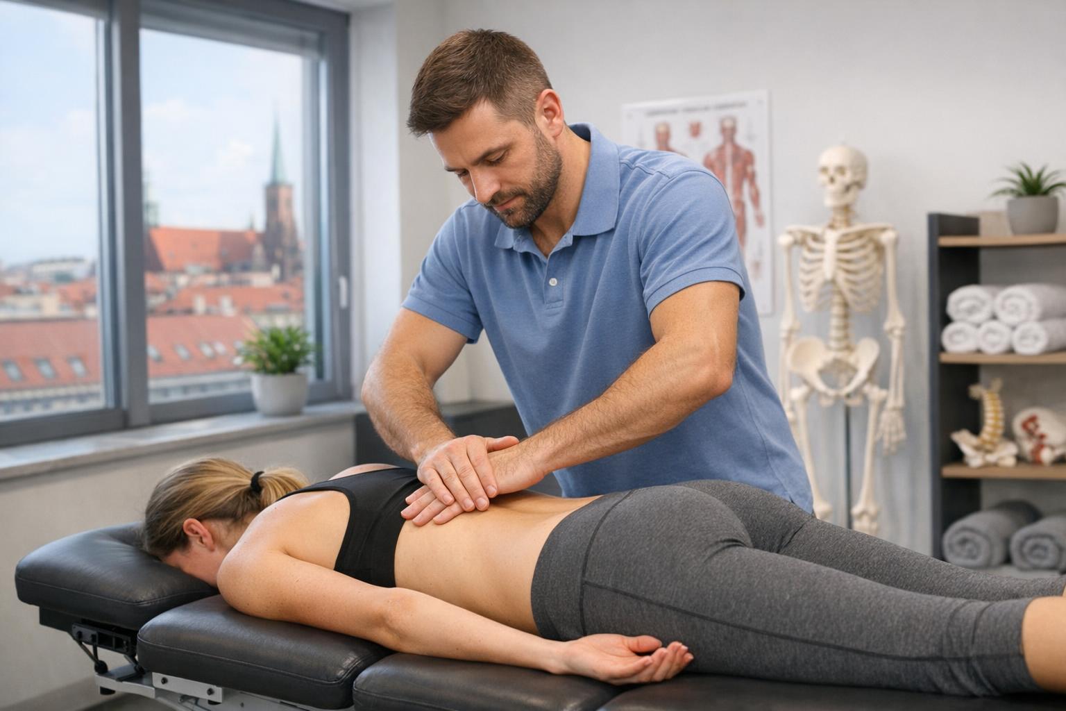 Fizjoterapeuta prowadzący terapię manualną w gabinecie we Wrocławiu