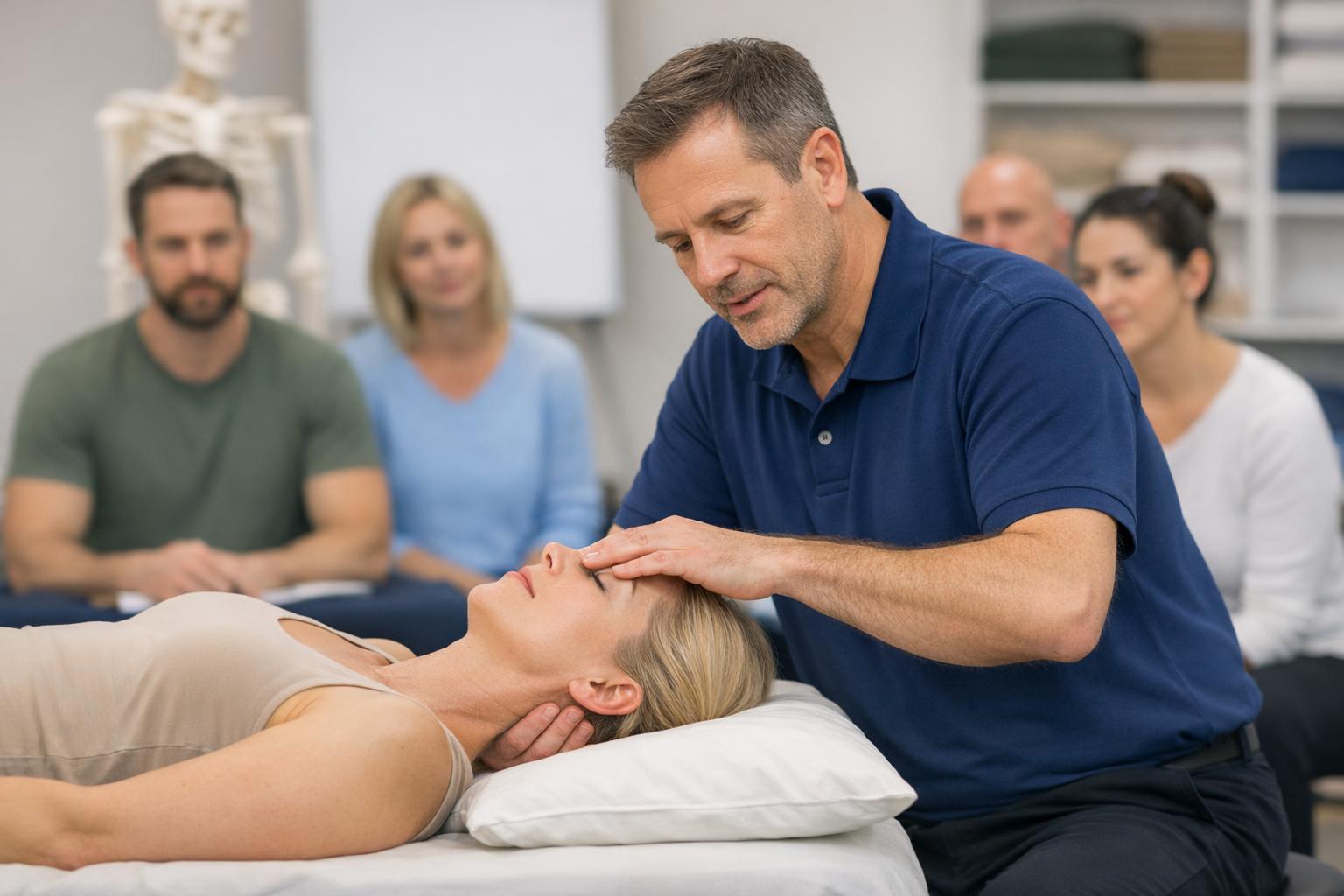 Zdjęcie: instruktor pokazujący techniki czaszkowe podczas zajęć praktycznych