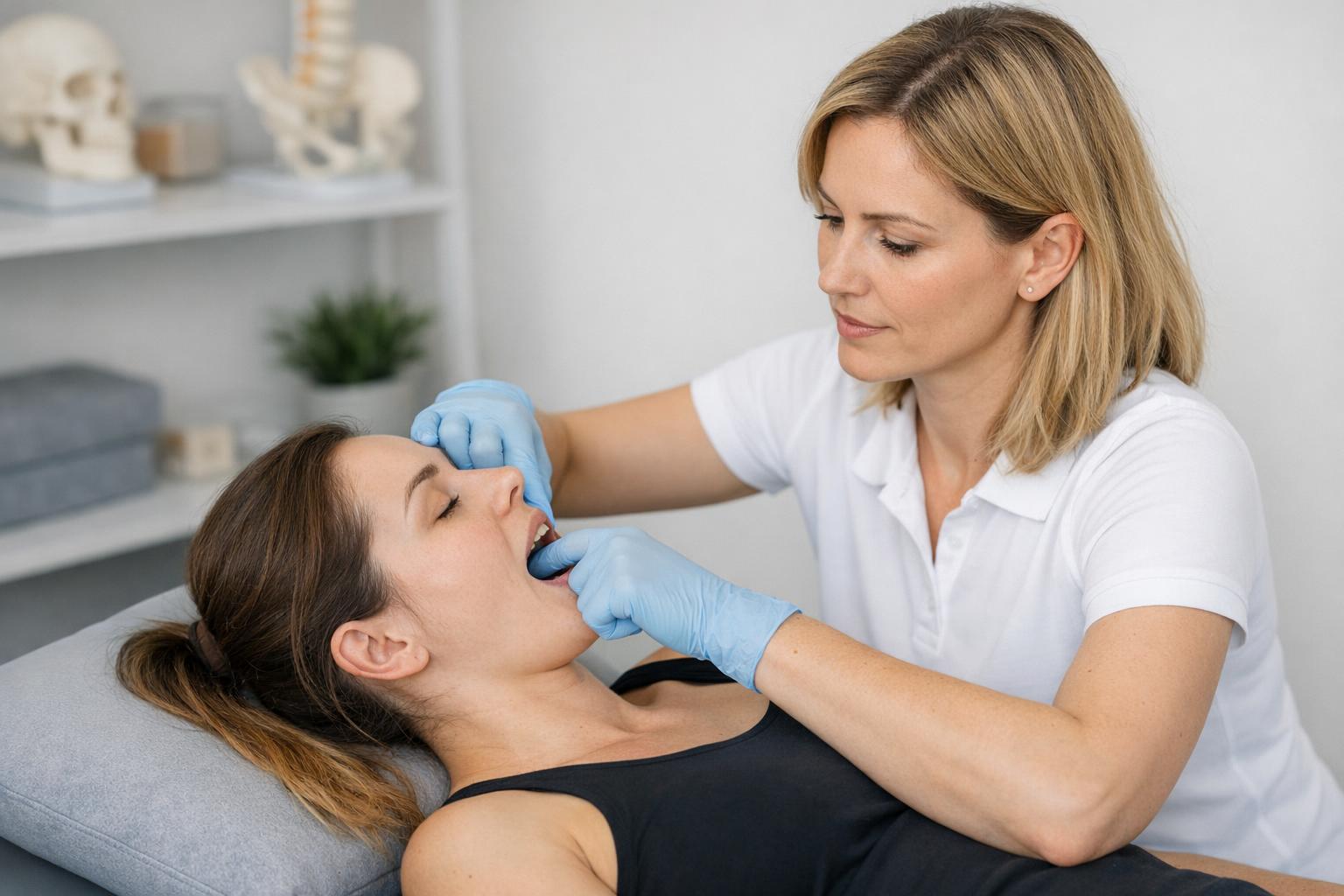 Zdjęcie: para pacjent/terapeuta podczas pracy nad stawem skroniowo-żuchwowym