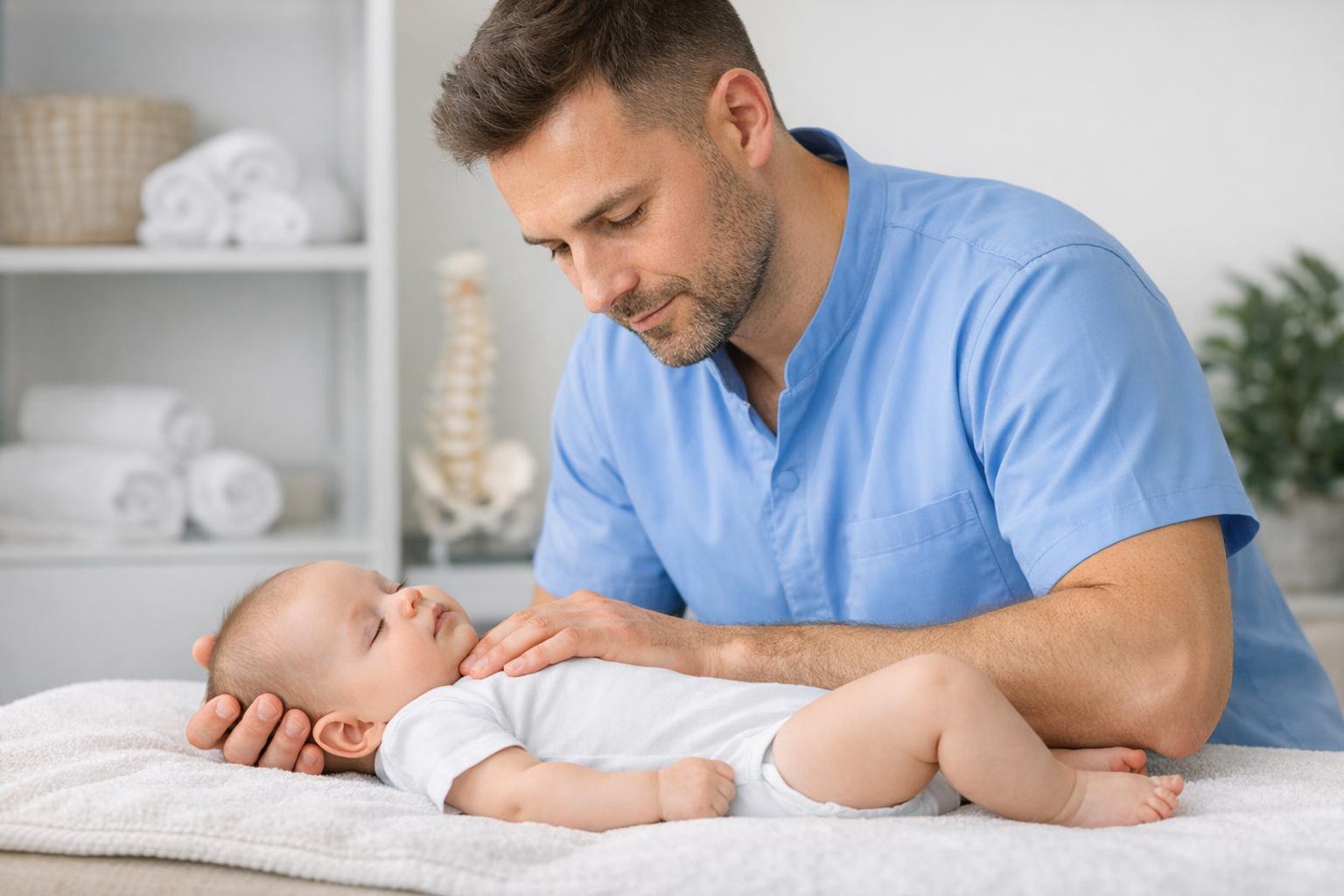 Zdjęcie osteopaty prowadzącego terapię u niemowlęcia