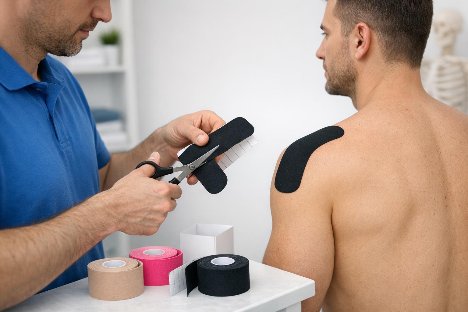 Zdjęcie: terapeuta przygotowuje taśmy kinesiotaping do aplikacji na barku pacjenta