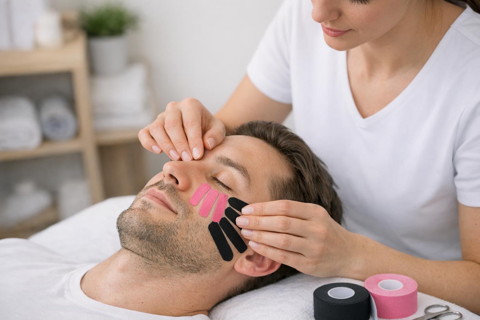 Zdjęcie: terapeuta wykonuje delikatne aplikacje kinesiotaping na twarz pacjenta